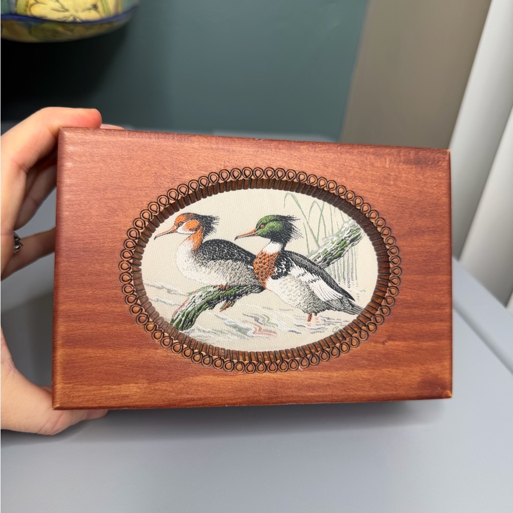 Cash’s Woven Ducks Wood Box 7x4.5 inches Red-breasted Mergansers Bird Motif